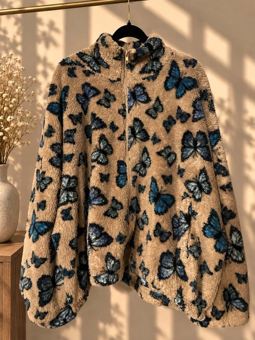 Stella Tweed Butterfly Print Sherpa Fleece Zip-Up Jacket